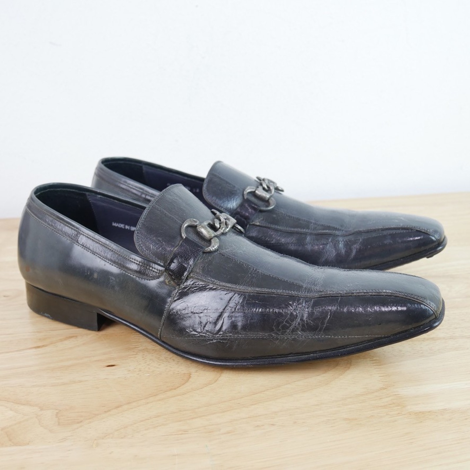 Mezlan Size 13 Loafers Custom Eel Skin Chain Hardware Grey Dress Shoes Slip On